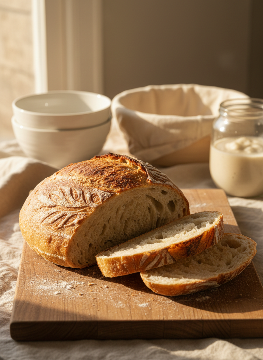 A crusty golden sourdough boule with a deeply blistered surface and intricate leaf scoring, resting on a well-worn wooden board dusted with flour. Open crumb slices lean casually against the loaf, showing glossy, irregular holes and a tender interior. In the softly blurred background, ceramic mixing bowls, a cloth-covered banneton, and a jar of bubbly starter sit on a natural linen cloth. Warm late-morning window light streams in from the left, creating gentle highlights on the crust and soft shadows across the board. Photographic realism, shot at eye level with a shallow depth of field, conveys a cozy, inviting, playful atmosphere perfect for beginner home bakers discovering sourdough.