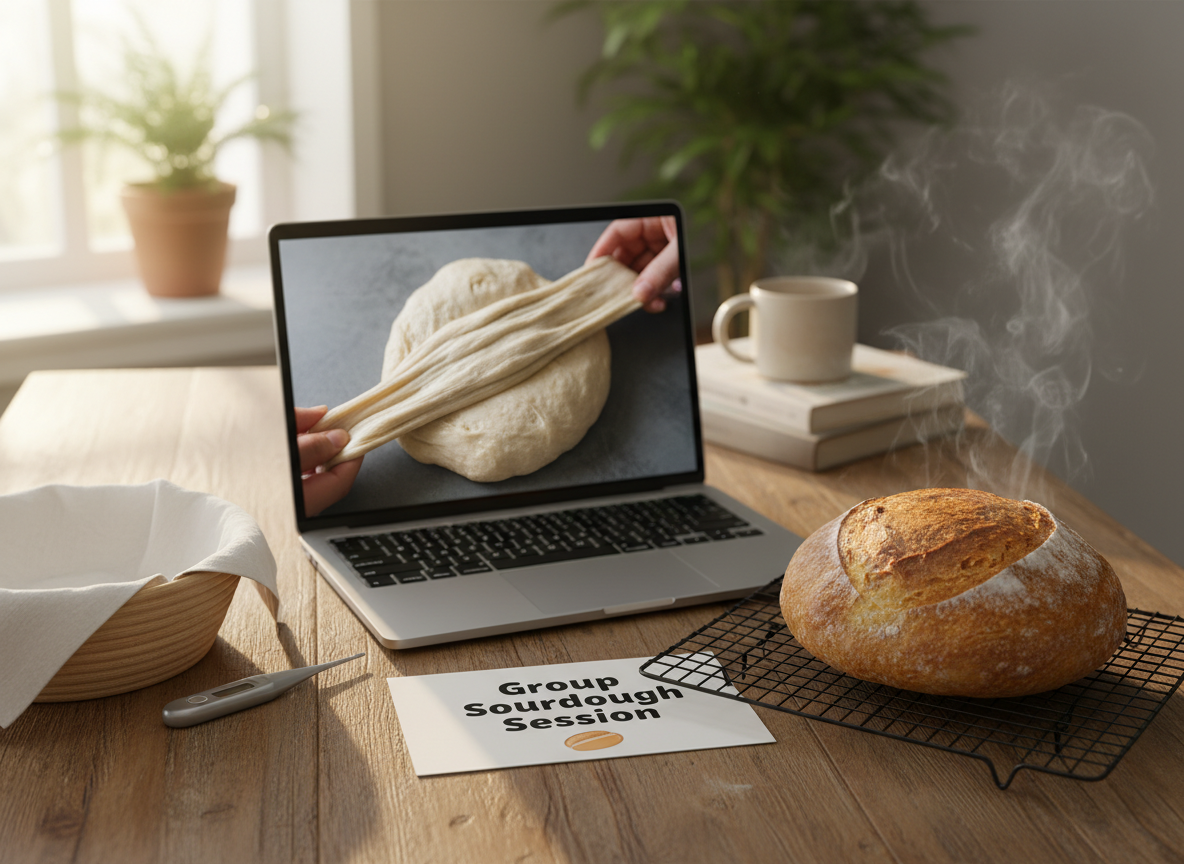 A cozy virtual-workshop scene framed around a laptop on a wooden kitchen table, its screen displaying a clear, close-up image of sourdough dough being stretched and folded (no visible hands). Surrounding the laptop are tactile props: a covered proofing basket, a thermometer, a printed “Group Sourdough Session” card, and a perfectly baked small loaf cooling on a wire rack. Soft, diffused morning light from a nearby window highlights gentle steam rising from the loaf. Photographic realism from a slightly elevated angle with a comfortable amount of background blur, conveying a warm, playful, supportive atmosphere that emphasizes remote coaching, simplicity, and connection for busy home bakers.