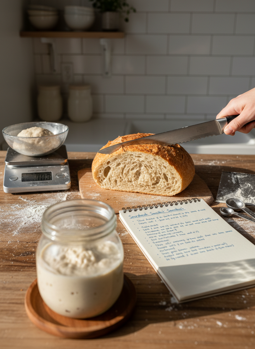 A friendly kitchen counter scene featuring a plump sourdough loaf mid-slice, a digital kitchen scale, and a spiral-bound notepad open to a handwritten recipe titled “Sourdough Somethin’ Somethin’.” A flour-smudged dough scraper and measuring spoons rest nearby, with a glass jar of active starter prominently placed in the foreground, bubbles catching the light. Natural afternoon light falls through an unseen window, casting playful shadows and highlighting textures in the wood grain and flour. Photographic realism, composed from a slightly elevated angle using the rule of thirds, with a softly blurred background of tiled backsplash and simple shelves, creates an approachable, practical mood that speaks to beginners and busy home bakers.