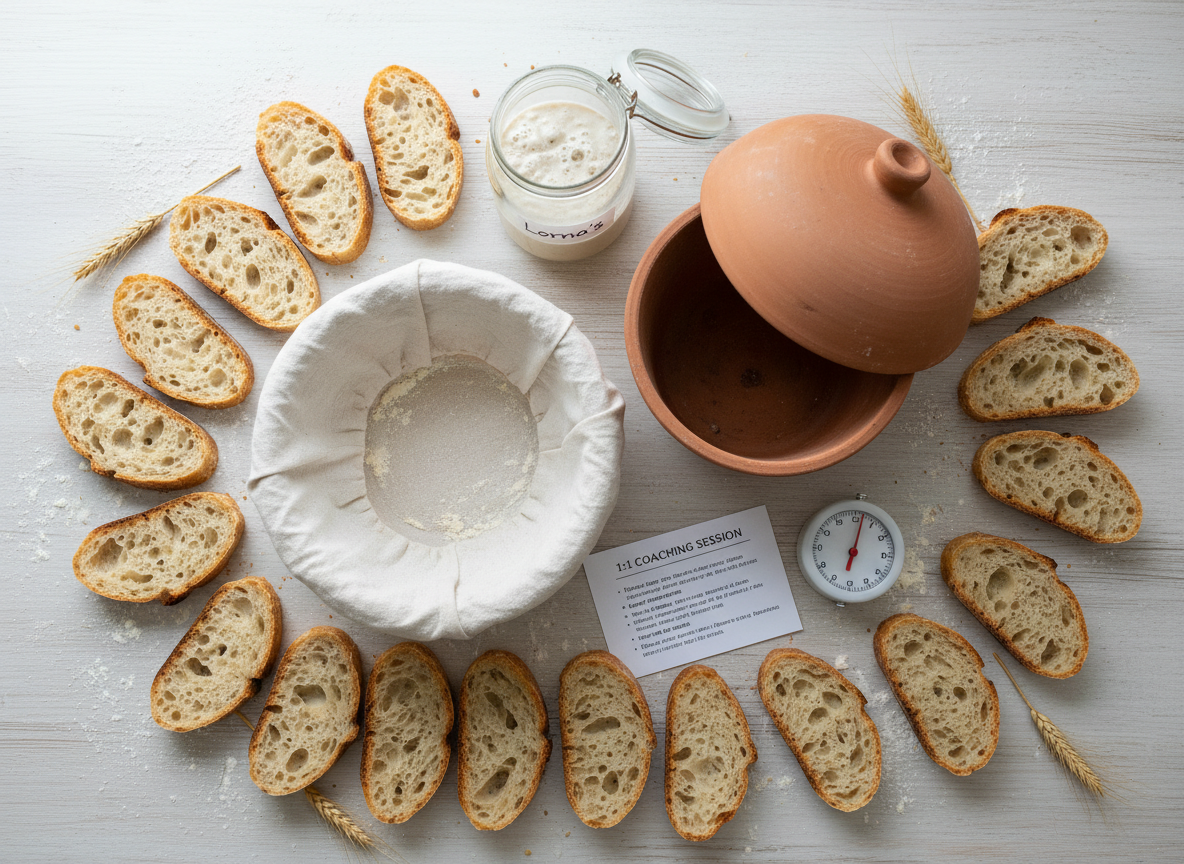 A whimsical flat-lay of sourdough essentials arranged on a pale wood table: a round banneton lined with a lightly floured linen, a clay baker with its lid tilted, a jar of frothy starter labeled “Lorna’s,” and a timer set beside a folded schedule card titled “1:1 Coaching Session.” Small, perfectly sliced pieces of sourdough with visible open crumb form a loose spiral around the tools, dusted with scattered flour and a few wheat stalks. Overcast window light from above creates gentle, even illumination with soft shadows. Photographic realism with sharp focus across the frame, creating a bright, playful, organized atmosphere that suggests guided learning and simple routines.