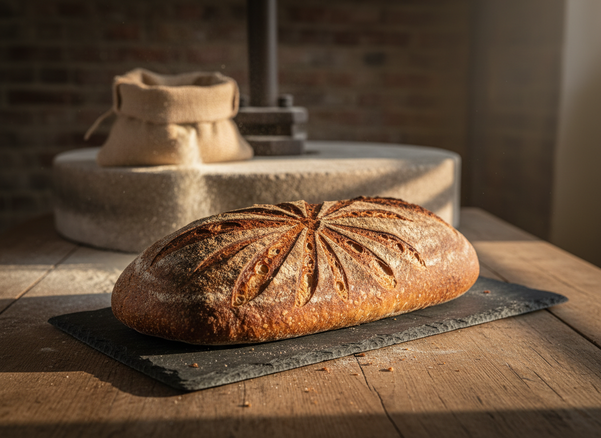 A rustic tabletop at Pakenham Mill featuring a long oval sourdough batard with bold, dramatic scoring that resembles a windmill pattern, sitting on a slate serving board. Behind it, slightly out of focus, an antique grain millstone and a small hessian sack of flour spill a little onto the wood, hinting at heritage grains. Soft golden-hour light slants in from the right, grazing the textured crust and stone, creating warm highlights and elongated shadows. Photographic realism, shot from a low, close perspective with shallow depth of field, gives the loaf a heroic, centerpiece feel while the background subtly celebrates the local mill context and community connection.