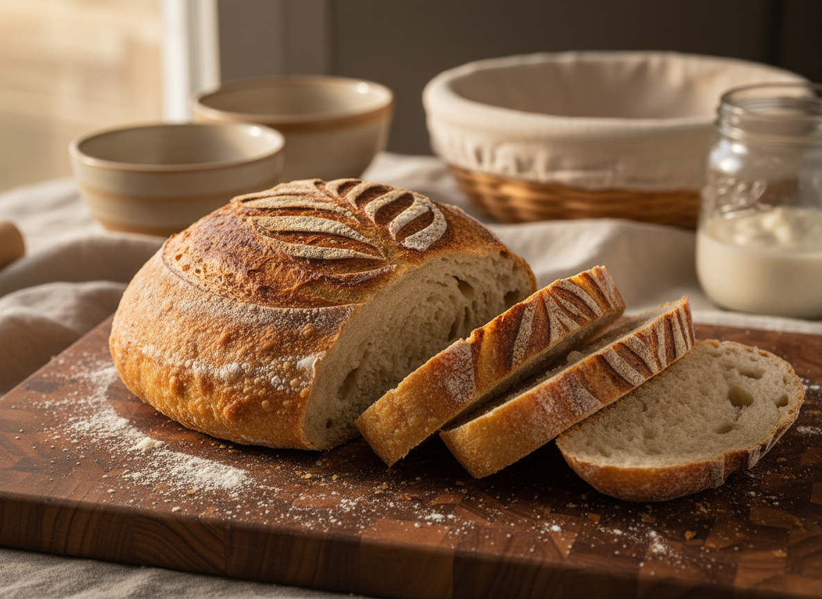 A crusty golden sourdough boule with a deeply blistered surface and intricate leaf scoring, resting on a well-worn wooden board dusted with flour. Open crumb slices lean casually against the loaf, showing glossy, irregular holes and a tender interior. In the softly blurred background, ceramic mixing bowls, a cloth-covered banneton, and a jar of bubbly starter sit on a natural linen cloth. Warm late-morning window light streams in from the left, creating gentle highlights on the crust and soft shadows across the board. Photographic realism, shot at eye level with a shallow depth of field, conveys a cozy, inviting, playful atmosphere perfect for beginner home bakers discovering sourdough.